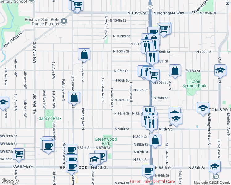 map of restaurants, bars, coffee shops, grocery stores, and more near 718 North 94th Street in Seattle
