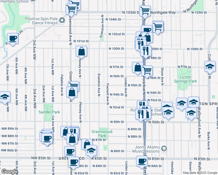 map of restaurants, bars, coffee shops, grocery stores, and more near 9231 Fremont Avenue North in Seattle