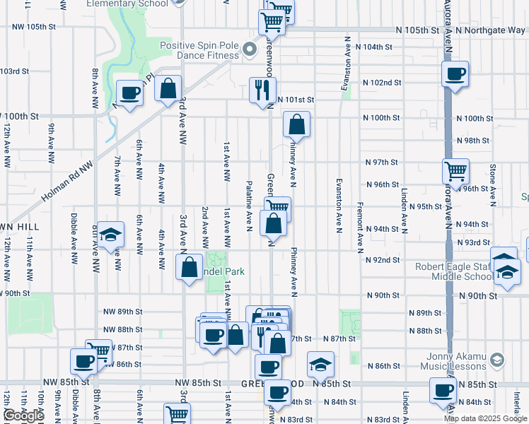 map of restaurants, bars, coffee shops, grocery stores, and more near 9232 Palatine Avenue North in Seattle