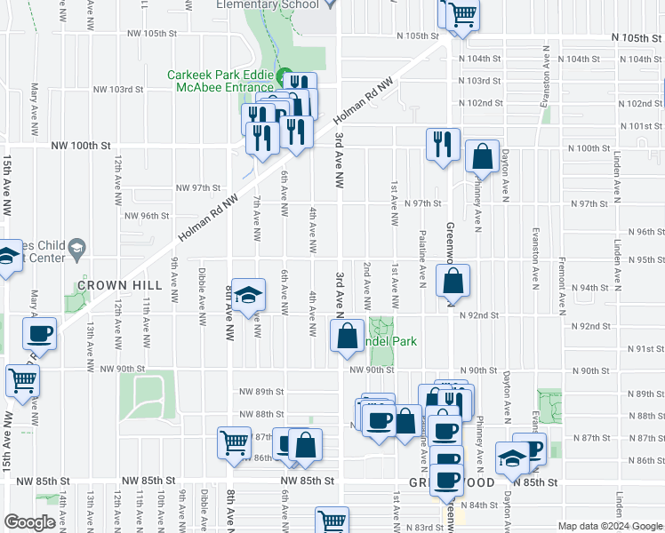 map of restaurants, bars, coffee shops, grocery stores, and more near 9233 3rd Avenue Northwest in Seattle
