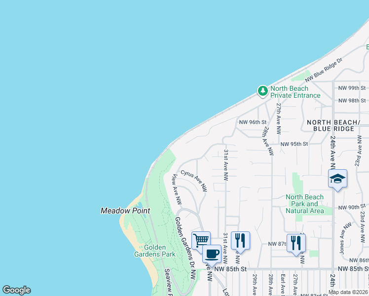 map of restaurants, bars, coffee shops, grocery stores, and more near 9231 View Avenue Northwest in Seattle