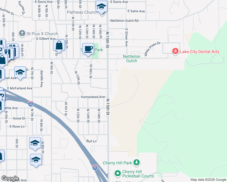 map of restaurants, bars, coffee shops, grocery stores, and more near 2232 North 15th Street in Coeur d'Alene