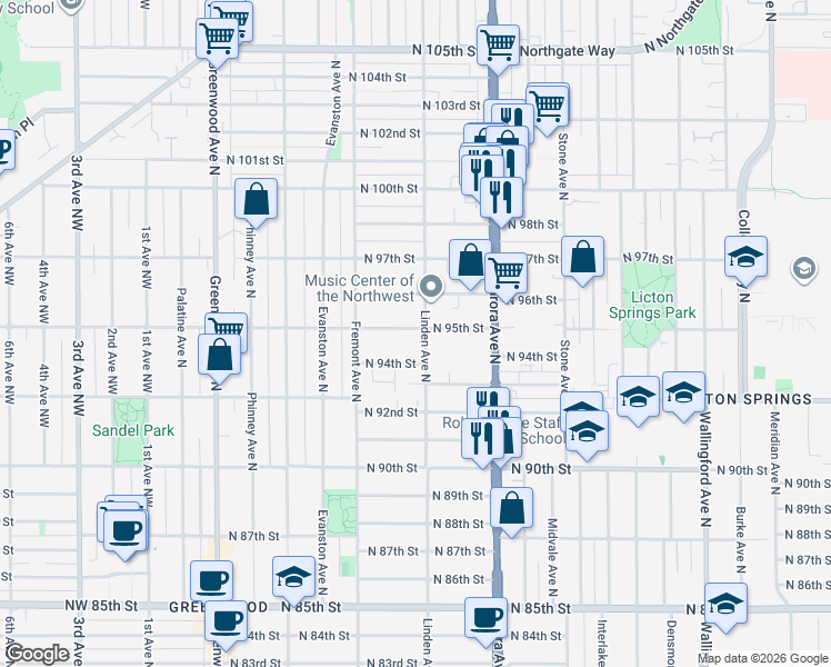 map of restaurants, bars, coffee shops, grocery stores, and more near 9403 Linden Avenue North in Seattle