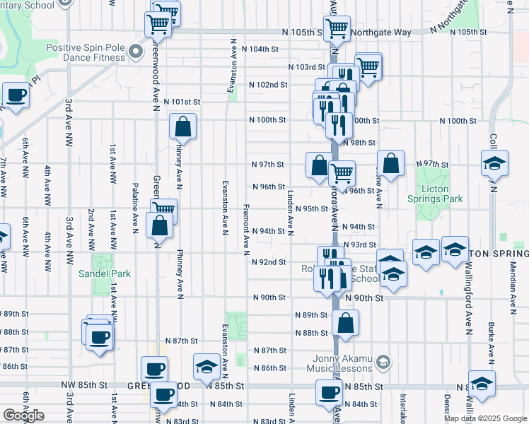 map of restaurants, bars, coffee shops, grocery stores, and more near 718 North 94th Street in Seattle