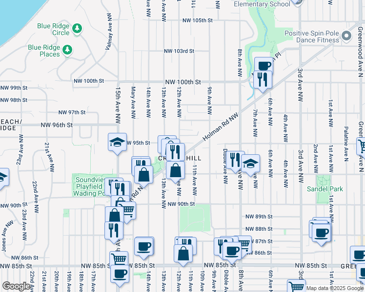 map of restaurants, bars, coffee shops, grocery stores, and more near 9256 12th Avenue Northwest in Seattle