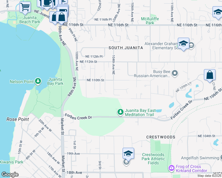 map of restaurants, bars, coffee shops, grocery stores, and more near 10329 Northeast 110th Street in Kirkland