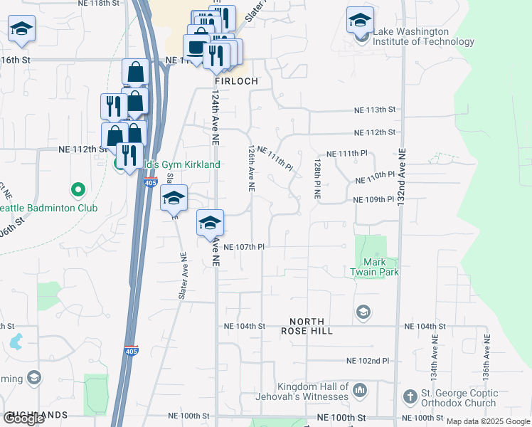 map of restaurants, bars, coffee shops, grocery stores, and more near 10903 126th Place Northeast in Kirkland