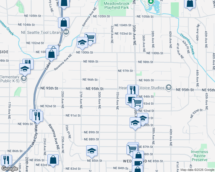 map of restaurants, bars, coffee shops, grocery stores, and more near 3011 Northeast 96th Street in Seattle