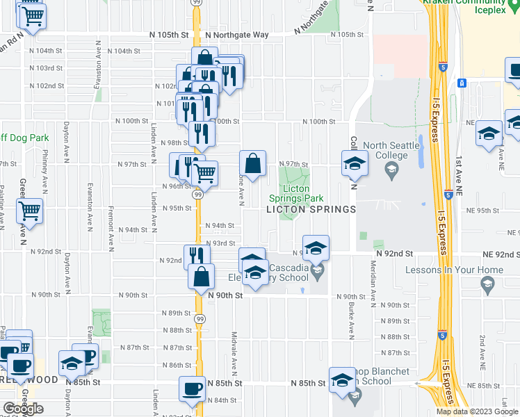 map of restaurants, bars, coffee shops, grocery stores, and more near Interlake Avenue North & North 95th Street in Seattle