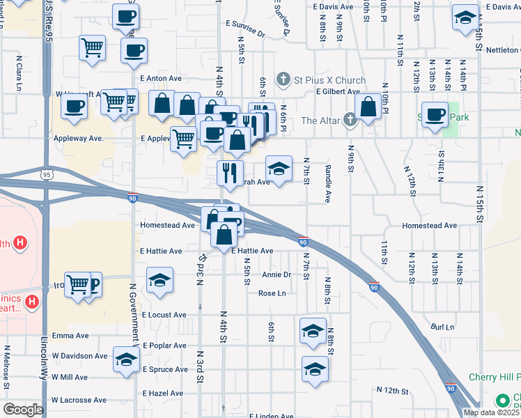 map of restaurants, bars, coffee shops, grocery stores, and more near 632 East Borah Avenue in Coeur d'Alene