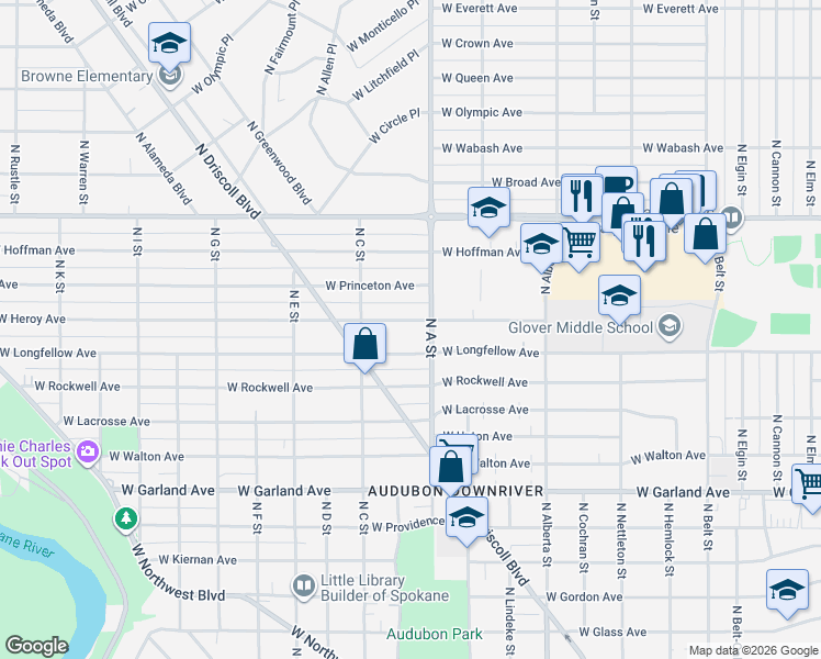 map of restaurants, bars, coffee shops, grocery stores, and more near 2908 West Heroy Avenue in Spokane