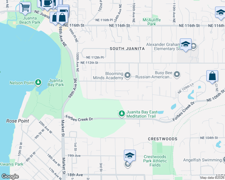 map of restaurants, bars, coffee shops, grocery stores, and more near 10329 Northeast 110th Street in Kirkland