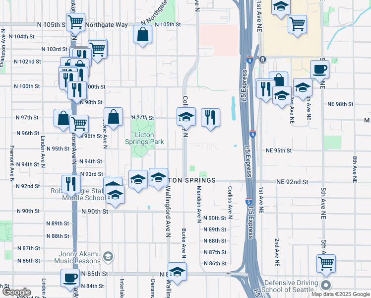 map of restaurants, bars, coffee shops, grocery stores, and more near 9525 College Way North in Seattle