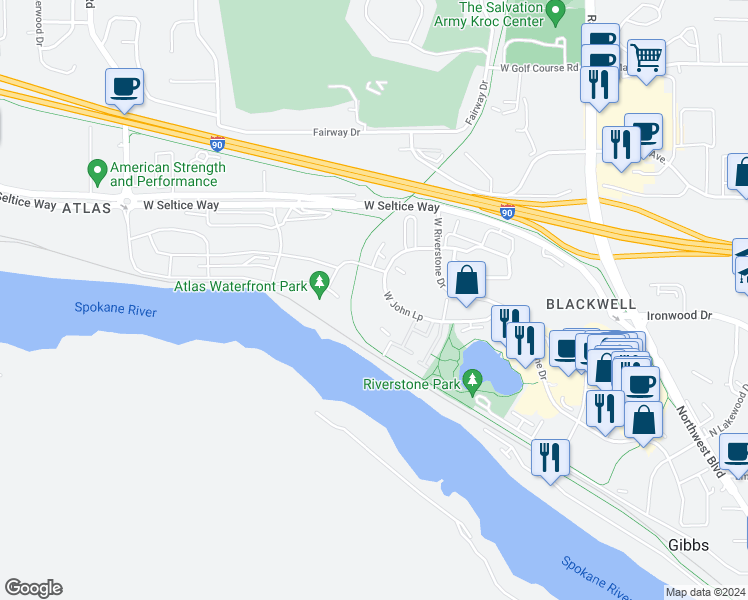 map of restaurants, bars, coffee shops, grocery stores, and more near 2308 John Loop in Coeur d'Alene