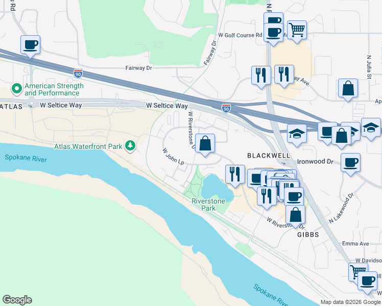 map of restaurants, bars, coffee shops, grocery stores, and more near 2155 West Riverstone Drive in Coeur d'Alene