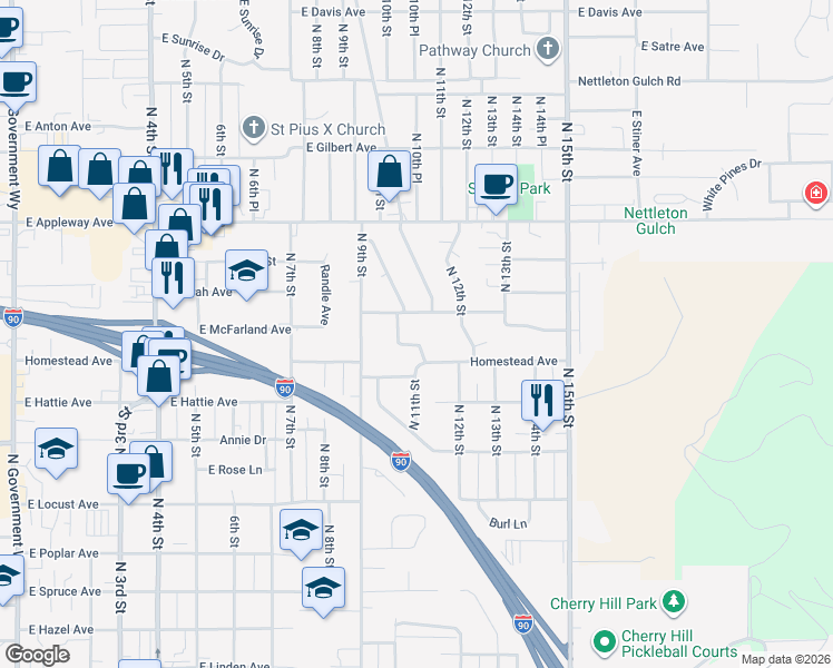 map of restaurants, bars, coffee shops, grocery stores, and more near 2301 North Honeysuckle Drive in Coeur d'Alene