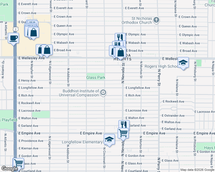 map of restaurants, bars, coffee shops, grocery stores, and more near 809 East Longfellow Avenue in Spokane