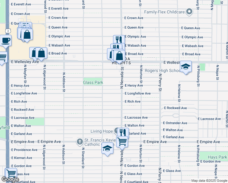 map of restaurants, bars, coffee shops, grocery stores, and more near 907 East Longfellow Avenue in Spokane