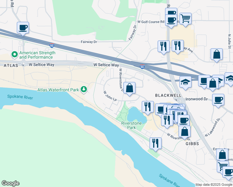 map of restaurants, bars, coffee shops, grocery stores, and more near 2163 John Loop in Coeur d'Alene