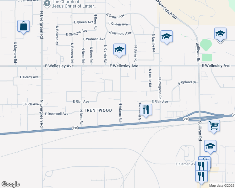 map of restaurants, bars, coffee shops, grocery stores, and more near 4520 North Warren Road in Spokane Valley