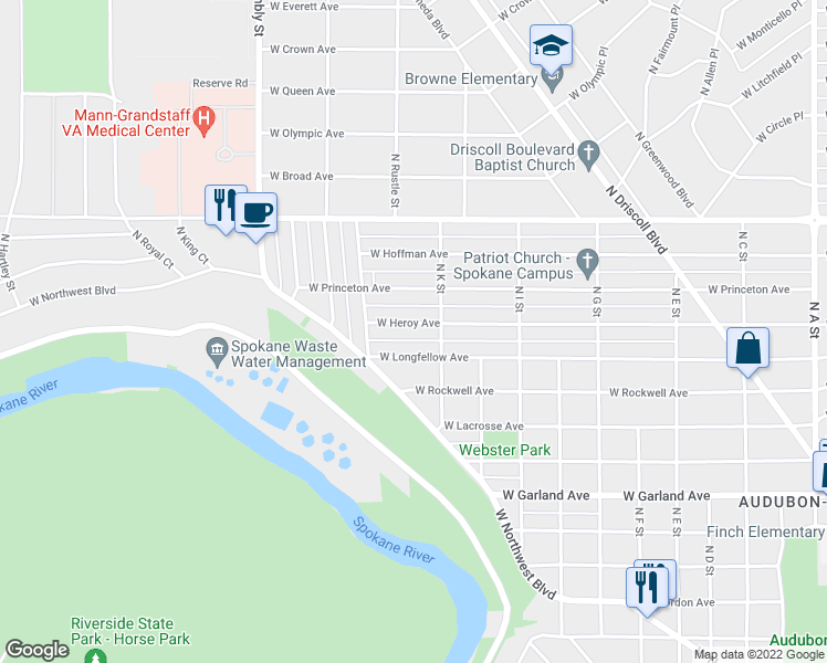 map of restaurants, bars, coffee shops, grocery stores, and more near 3923 West Heroy Avenue in Spokane