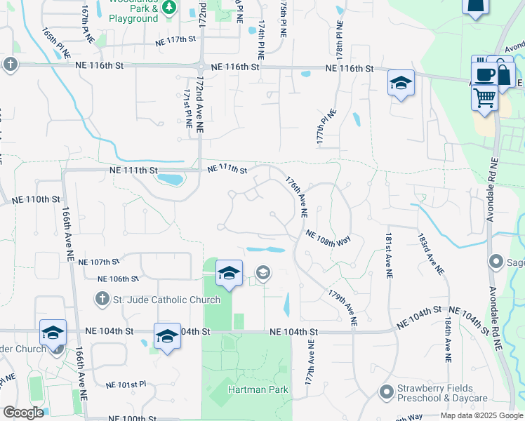 map of restaurants, bars, coffee shops, grocery stores, and more near 10901 176th Circle Northeast in Redmond