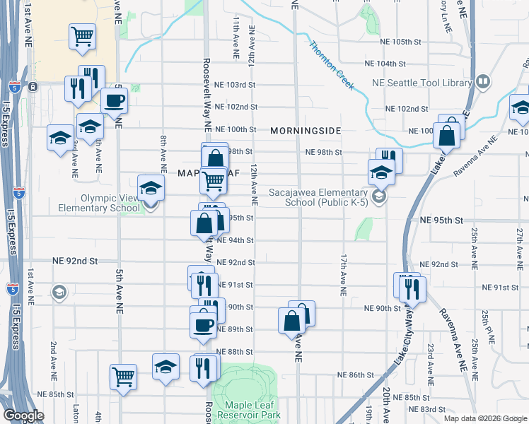 map of restaurants, bars, coffee shops, grocery stores, and more near 1207 Northeast 96th Street in Seattle