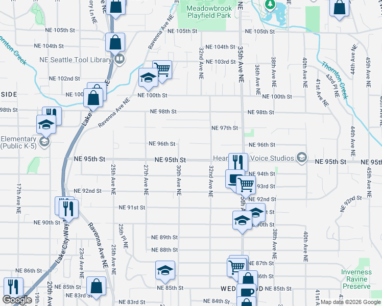 map of restaurants, bars, coffee shops, grocery stores, and more near 3011 Northeast 96th Street in Seattle