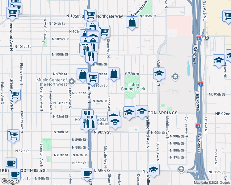 map of restaurants, bars, coffee shops, grocery stores, and more near 9514 Stone Avenue North in Seattle