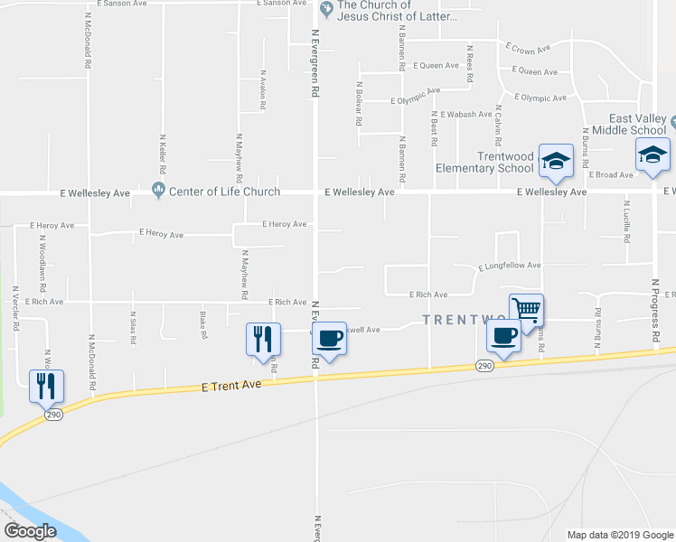 map of restaurants, bars, coffee shops, grocery stores, and more near 13925 East Longfellow Avenue in Spokane Valley