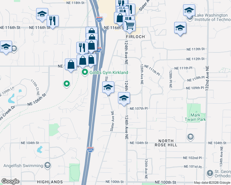 map of restaurants, bars, coffee shops, grocery stores, and more near 12223 Northeast 109th Way in Kirkland