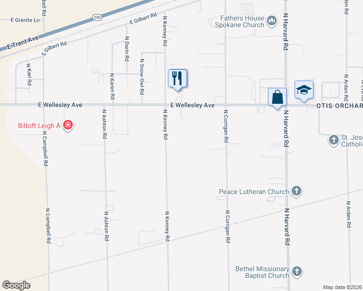 map of restaurants, bars, coffee shops, grocery stores, and more near 4620 North Kenney Road in Otis Orchards-East Farms