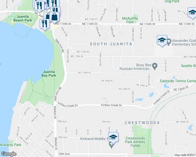 map of restaurants, bars, coffee shops, grocery stores, and more near 10833 104th Avenue Northeast in Kirkland