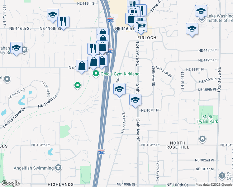 map of restaurants, bars, coffee shops, grocery stores, and more near 12122 Northeast 109th Way in Kirkland