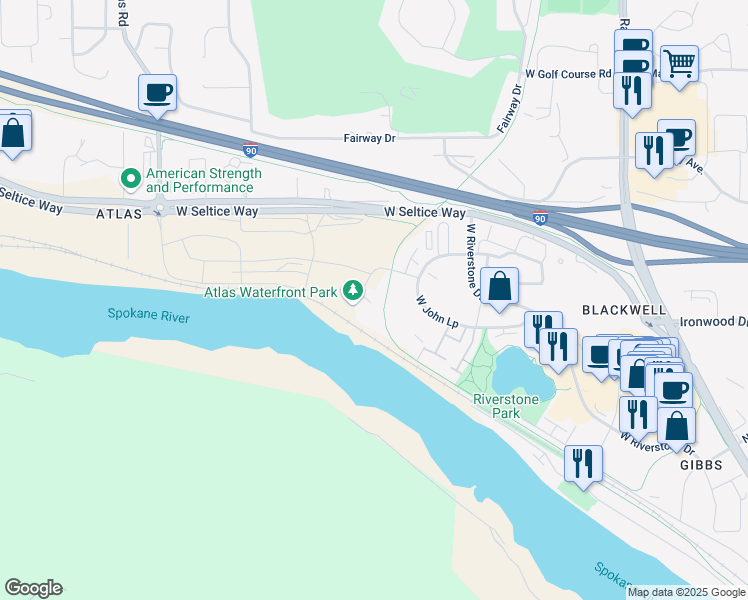 map of restaurants, bars, coffee shops, grocery stores, and more near 2422 North Atlas Road in Fernan Lake Village