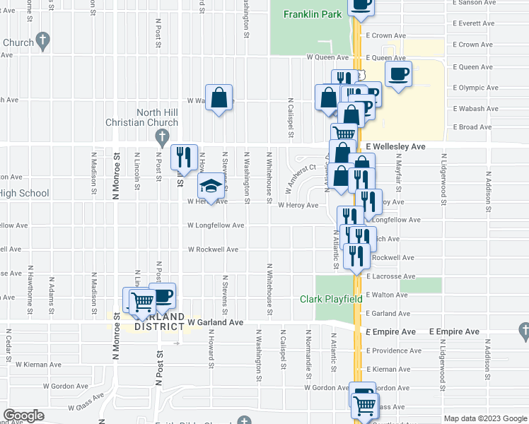 map of restaurants, bars, coffee shops, grocery stores, and more near 4319 North Whitehouse Street in Spokane