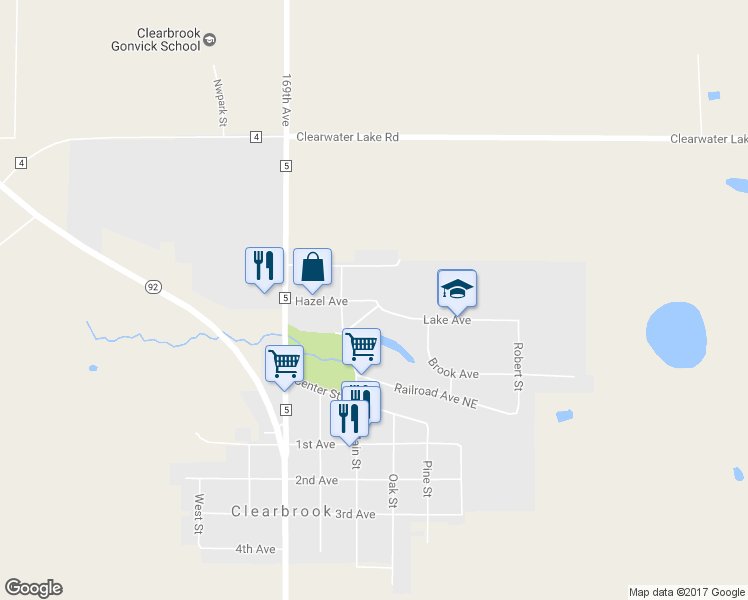 map of restaurants, bars, coffee shops, grocery stores, and more near 123 Hazel Avenue in Clearbrook