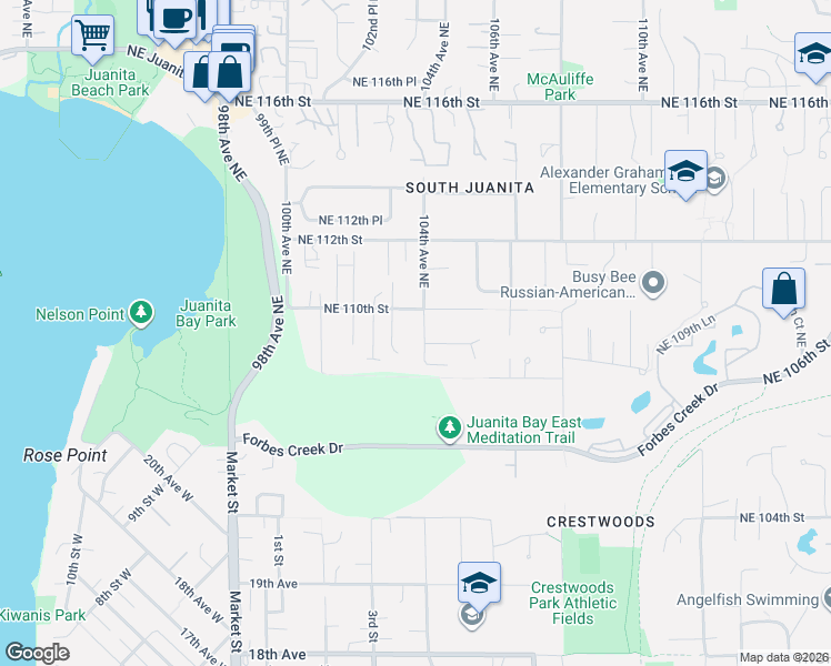 map of restaurants, bars, coffee shops, grocery stores, and more near 10833 104th Avenue Northeast in Kirkland