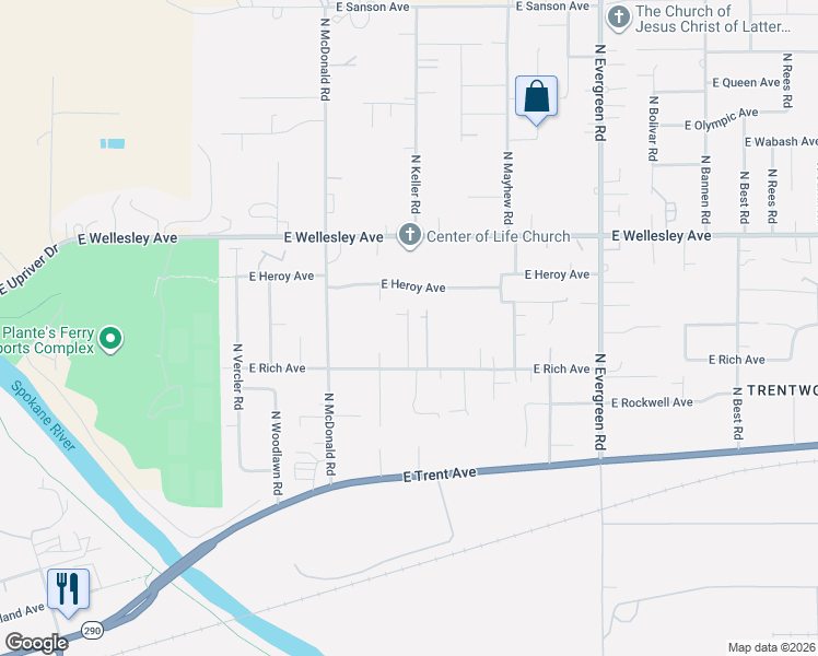 map of restaurants, bars, coffee shops, grocery stores, and more near 4606 North Silas Road in Spokane Valley