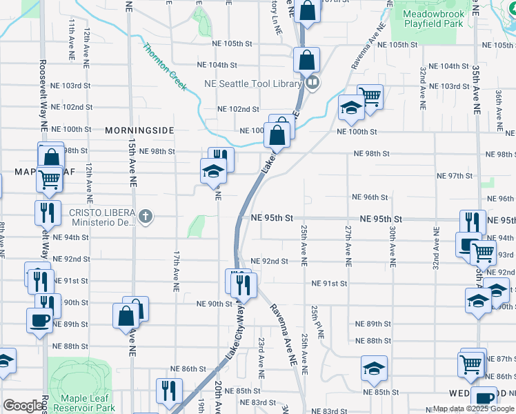 map of restaurants, bars, coffee shops, grocery stores, and more near 2400 Northeast 95th Street in Seattle
