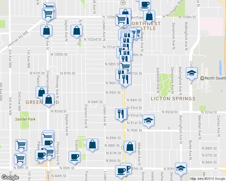 map of restaurants, bars, coffee shops, grocery stores, and more near 927 North 96th Street in Seattle