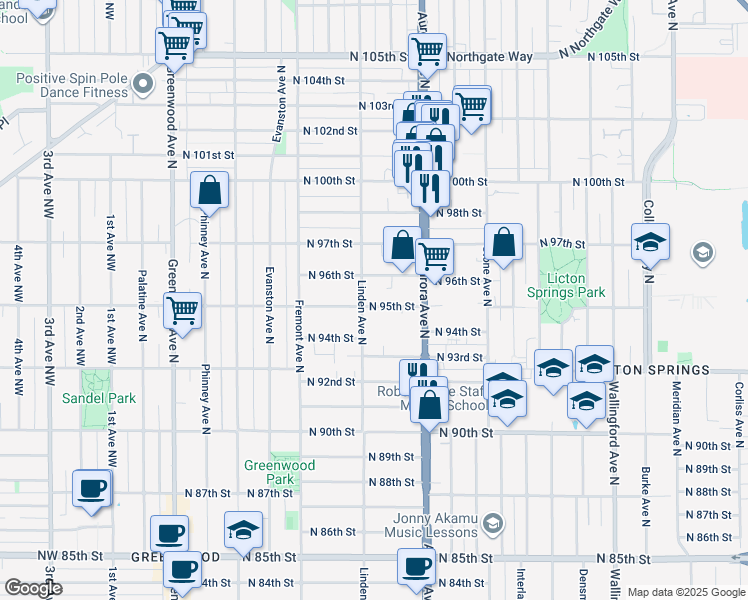 map of restaurants, bars, coffee shops, grocery stores, and more near 749 North 96th Street in Seattle