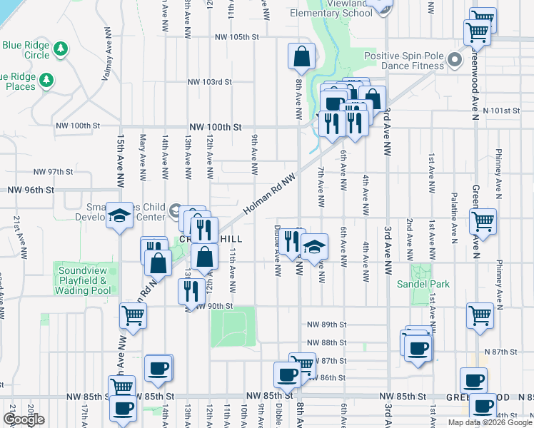 map of restaurants, bars, coffee shops, grocery stores, and more near in Seattle