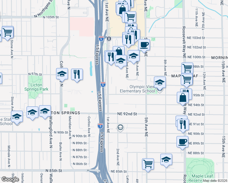 map of restaurants, bars, coffee shops, grocery stores, and more near 132 Northeast 95th Street in Seattle