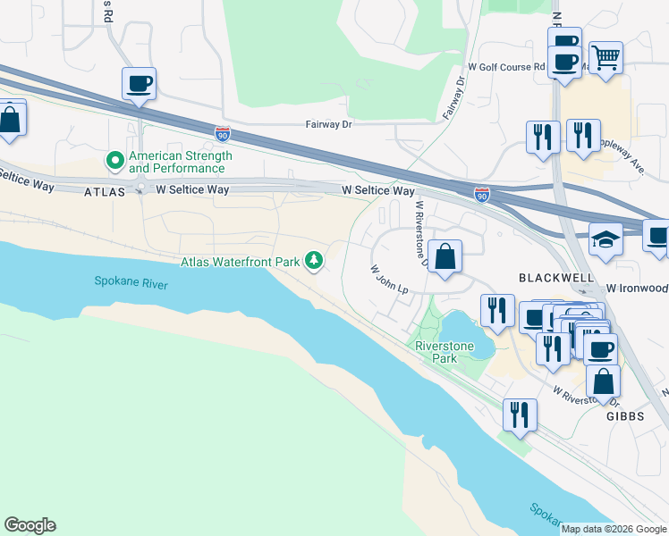 map of restaurants, bars, coffee shops, grocery stores, and more near 2968 West Suzanne Road in Coeur d'Alene