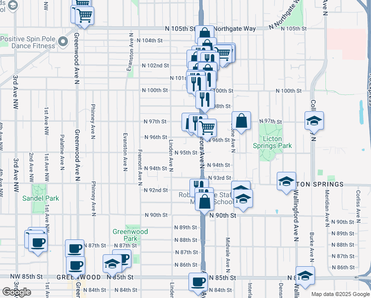 map of restaurants, bars, coffee shops, grocery stores, and more near 926 North 95th Street in Seattle