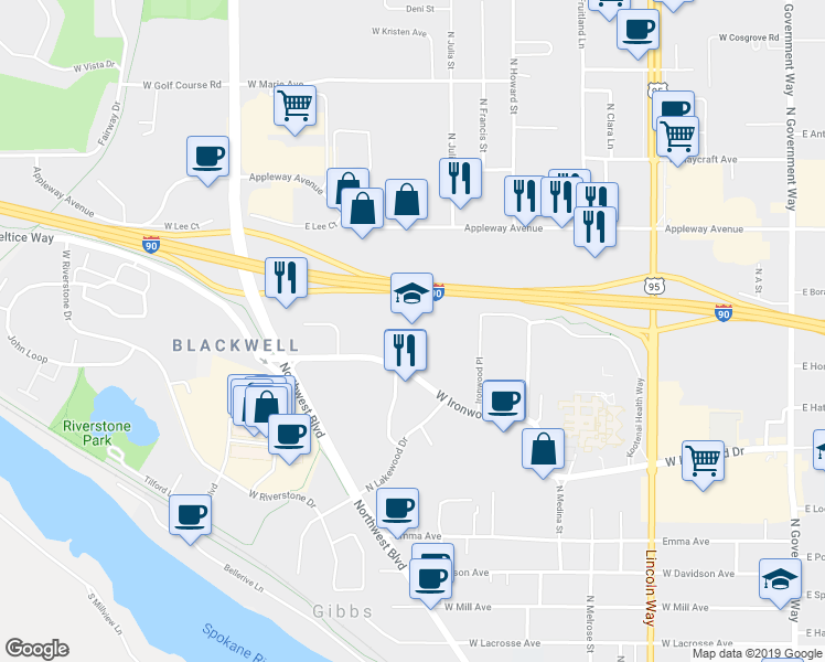 map of restaurants, bars, coffee shops, grocery stores, and more near 1165 W Ironwood Dr in Coeur d'Alene