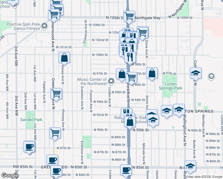 map of restaurants, bars, coffee shops, grocery stores, and more near 749 North 96th Street in Seattle
