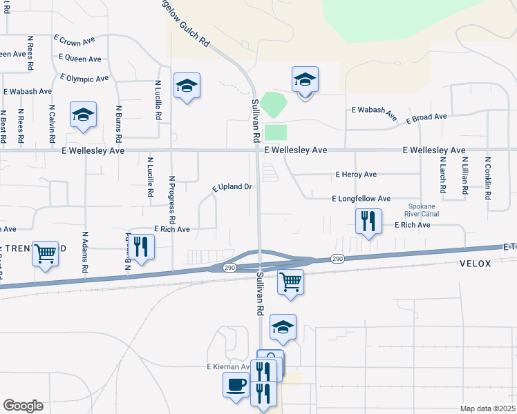 map of restaurants, bars, coffee shops, grocery stores, and more near 4510 North Sullivan Road in Spokane Valley