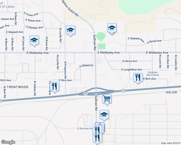 map of restaurants, bars, coffee shops, grocery stores, and more near 4517 North Sullivan Road in Spokane Valley